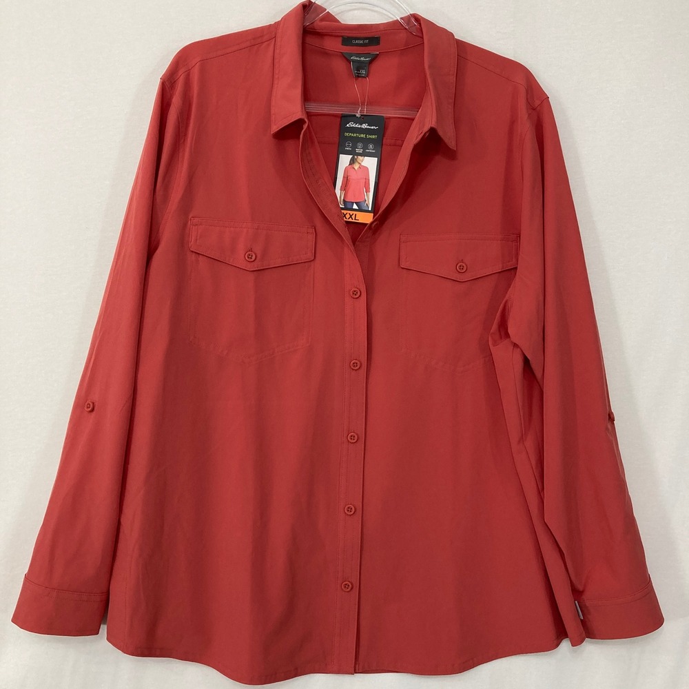 Eddie Bauer Departure Shirt XXL Red Long Sleeve‎ Stretch Hiking Travel Top